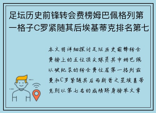 足坛历史前锋转会费榜姆巴佩格列第一格子C罗紧随其后埃基蒂克排名第七