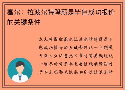 塞尔：拉波尔特降薪是毕包成功报价的关键条件