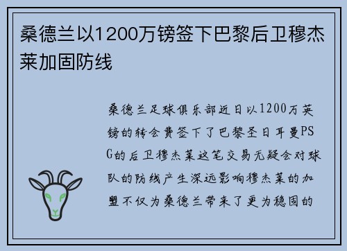 桑德兰以1200万镑签下巴黎后卫穆杰莱加固防线