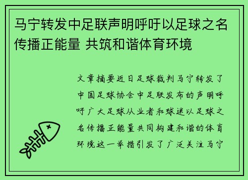马宁转发中足联声明呼吁以足球之名传播正能量 共筑和谐体育环境