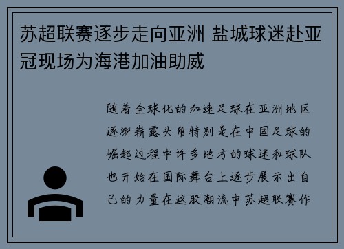 苏超联赛逐步走向亚洲 盐城球迷赴亚冠现场为海港加油助威